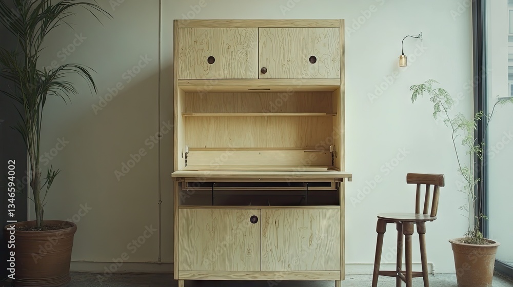 A Scandinavian-style storage cabinet featuring a hidden pull-out dining table A Scandinavian-style storage cabinet featuring a hidden pull-out dining table