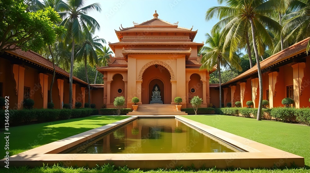Serene Tropical Courtyard Orange Temple Pool Palm Trees Resort Serene Tropical Courtyard Orange Temple Pool Palm Trees Resort