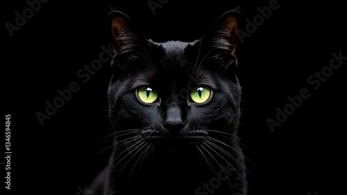 Black cat with green eyes on a black background 