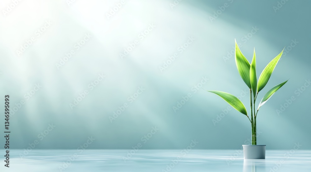 Fresh Green Bamboo Leaves with Sunlight Reflection Over a Tranquil Lake Fresh Green Bamboo Leaves with Sunlight Reflection Over a Tranquil Lake
