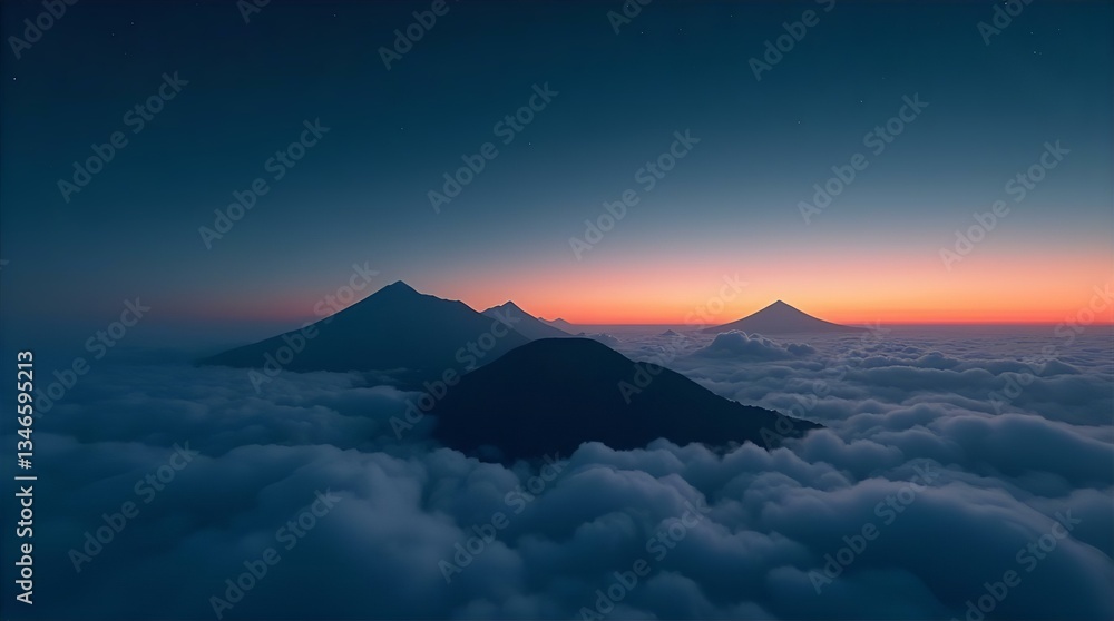 Stunning Mountain Peaks Emerging From Clouds Sunset Blue Orange Sky Aerial Landscape Stunning Mountain Peaks Emerging From Clouds Sunset Blue Orange Sky Aerial Landscape