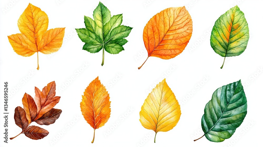 Obraz premium Collection of autumn leaves in various shades of green, orange, and yellow, isolated PNG transparent format. 