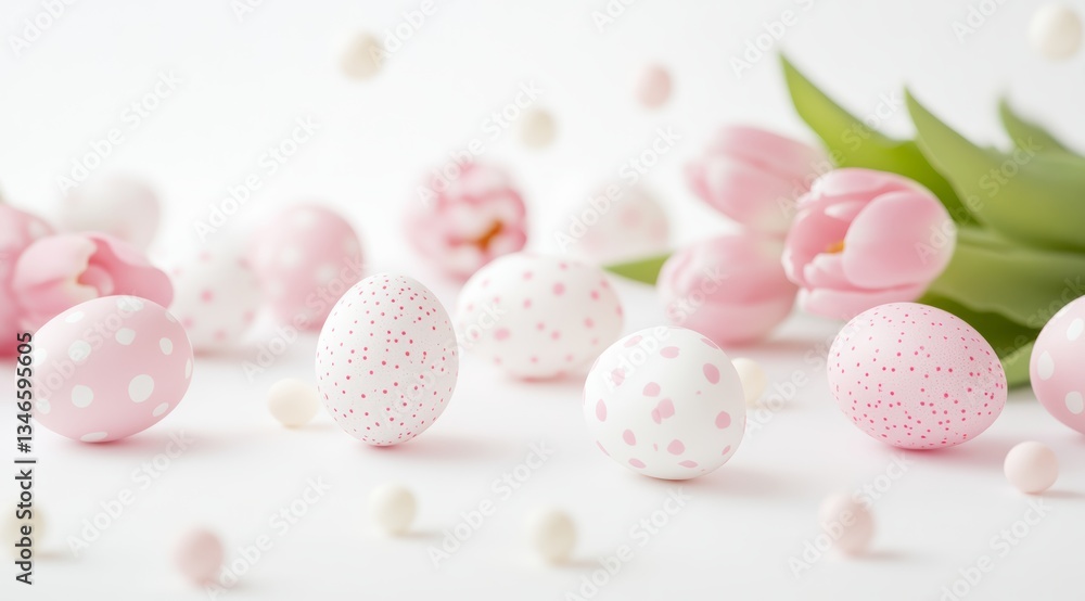 Elegant Pink and White Easter Eggs with Tulip Flowers on White Background.