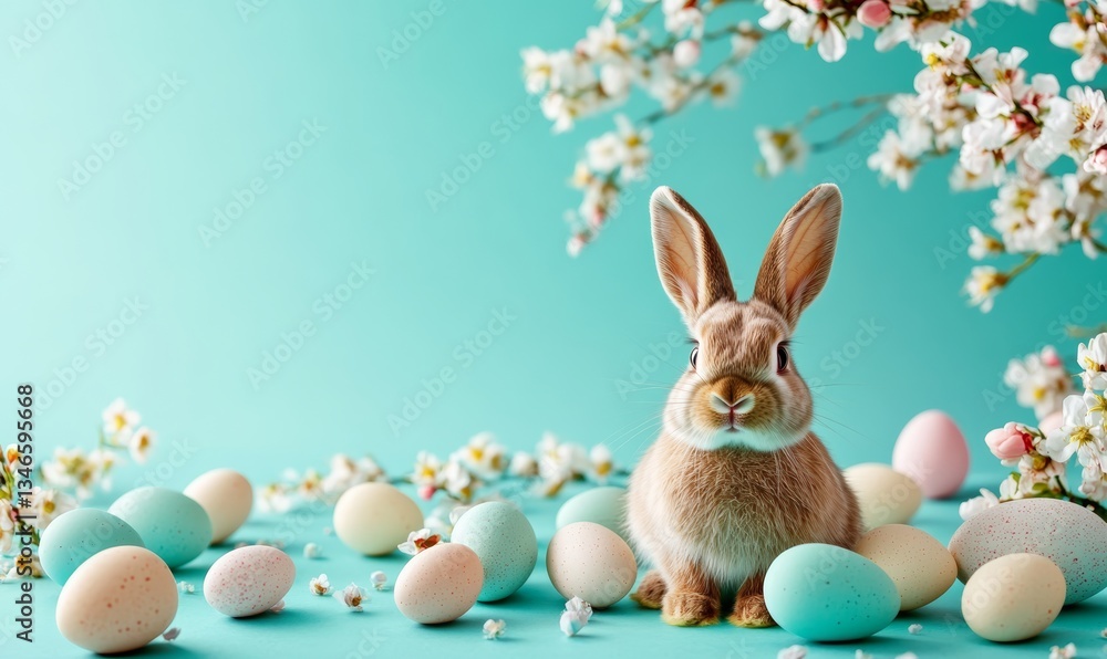 Cute Easter Bunny in Cozy Knitted Nest with Pastel Eggs and Flowers
