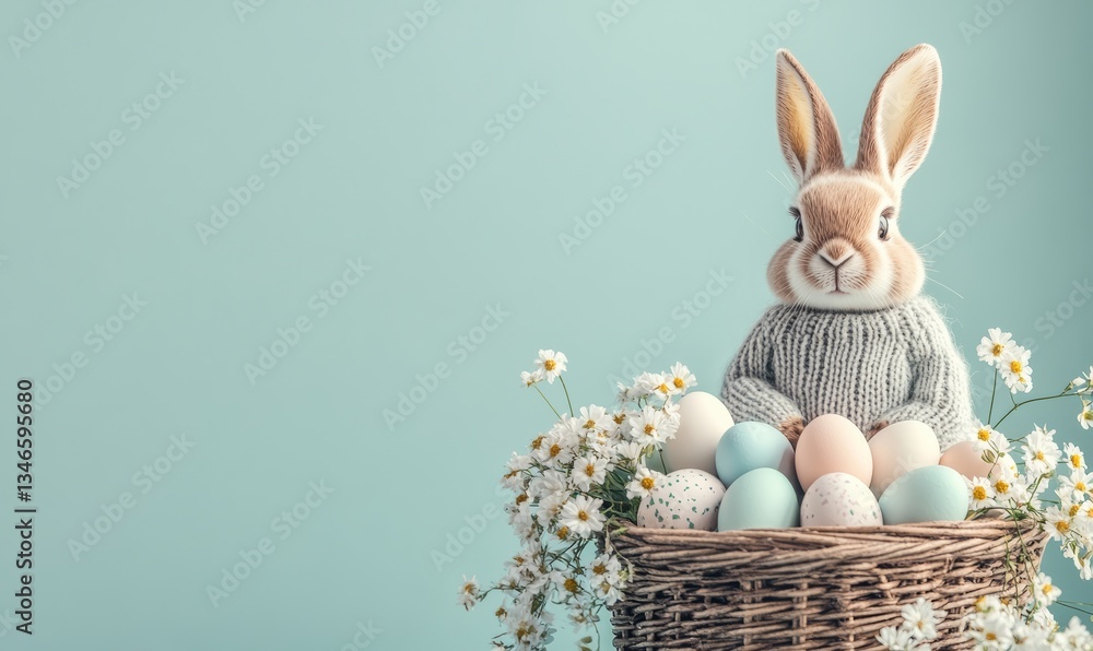 Cute Easter Bunny in Cozy Knitted Nest with Pastel Eggs and Flowers