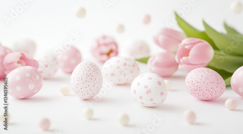 Obraz na płótnie Elegant Pink and White Easter Eggs with Tulip Flowers on White Background. w salonie