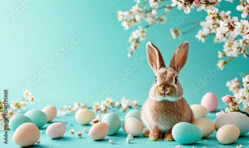 Obraz na płótnie Cute Easter Bunny in Cozy Knitted Nest with Pastel Eggs and Flowers w salonie