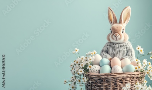 Cute Easter Bunny in Cozy Knitted Nest with Pastel Eggs and Flowers
