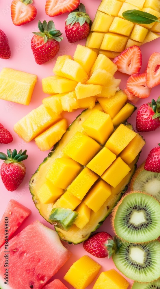 Colorful Assorted Fresh Fruits Including Berries, Melon, and Mango on Dark Background.