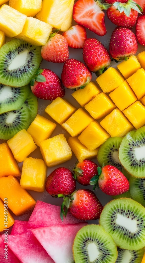 Colorful Assorted Fresh Fruits Including Berries, Melon, and Mango on Dark Background.
