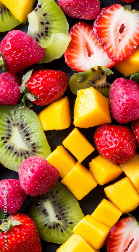 Colorful Assorted Fresh Fruits Including Berries, Melon, and Mango on Dark Background.