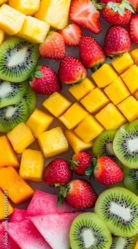 Obraz na płótnie Colorful Assorted Fresh Fruits Including Berries, Melon, and Mango on Dark Background. w salonie