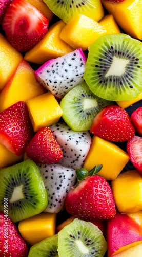 Obraz na płótnie Colorful Assorted Fresh Fruits Including Berries, Melon, and Mango on Dark Background. w salonie
