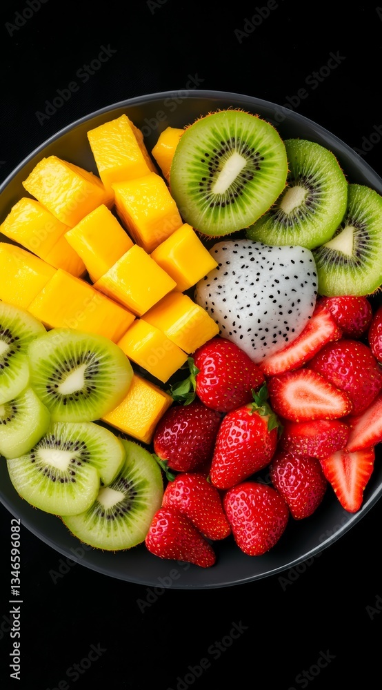Colorful Assorted Fresh Fruits Including Berries, Melon, and Mango on Dark Background.
