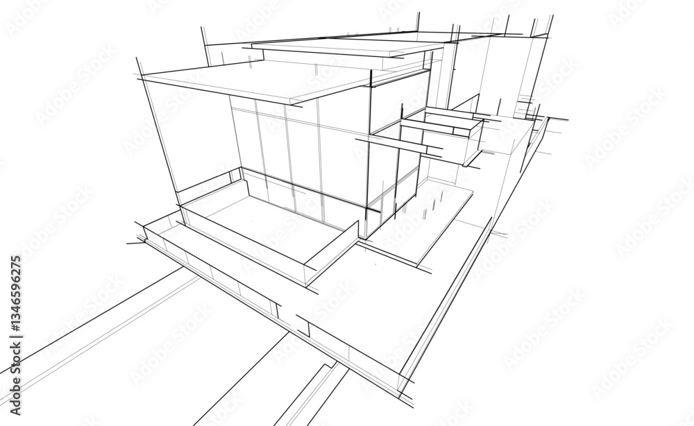 Modern Architectural Linear Wireframe 3d Sketch Modern Architectural Linear Wireframe 3d Sketch