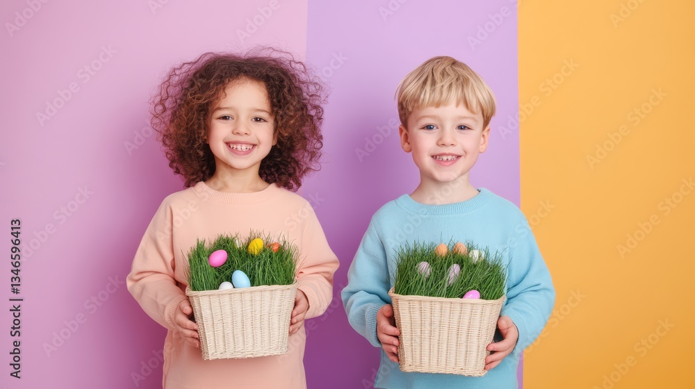 Smiling Children Holding Easter Baskets with Colorful Eggs and Festive Spring Background