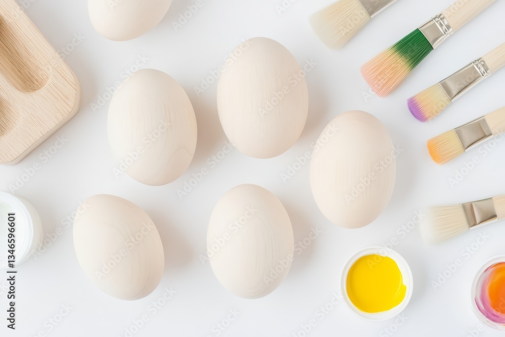 Blank Wooden Easter Eggs with Paints and Brushes on Light Background for DIY Decoration