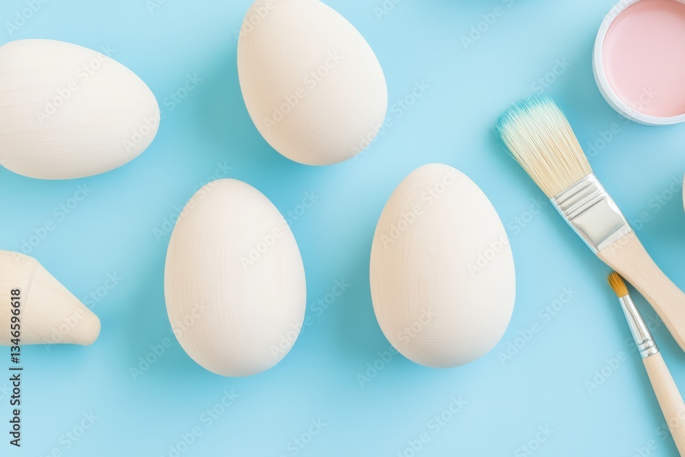 Blank Wooden Easter Eggs with Paints and Brushes on Light Background for DIY Decoration