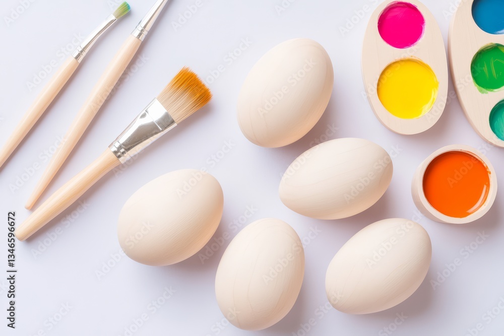 Blank Wooden Easter Eggs with Paints and Brushes on Light Background for DIY Decoration
