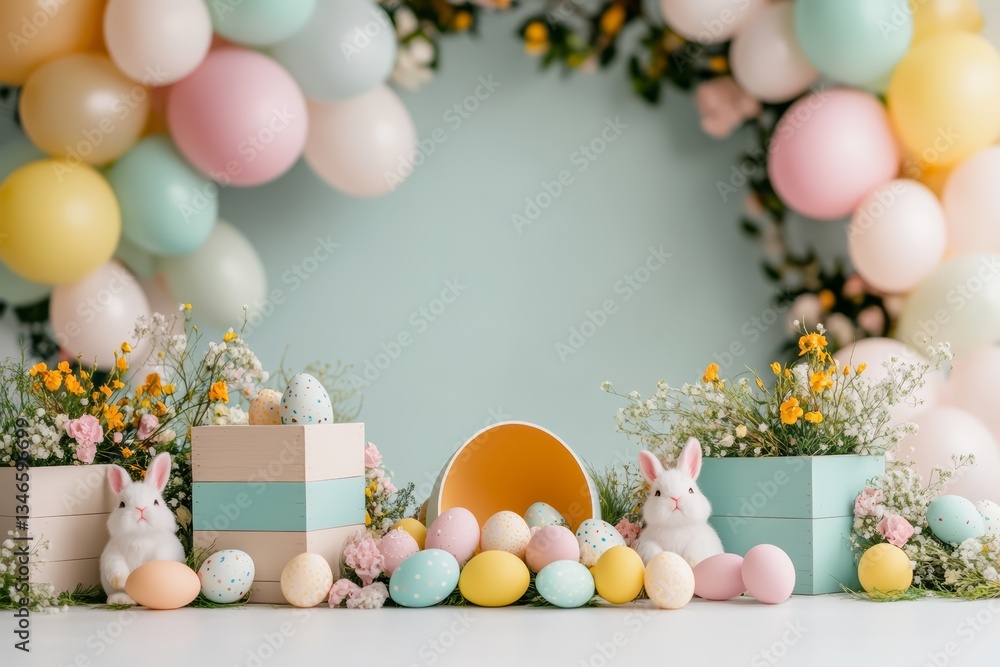 legant Easter Floral Backdrop with Pastel Vases and Decorative Eggs in a Soft Spring Setting