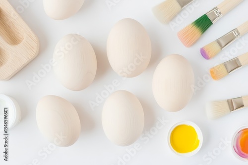 Obraz na płótnie Blank Wooden Easter Eggs with Paints and Brushes on Light Background for DIY Decoration w salonie