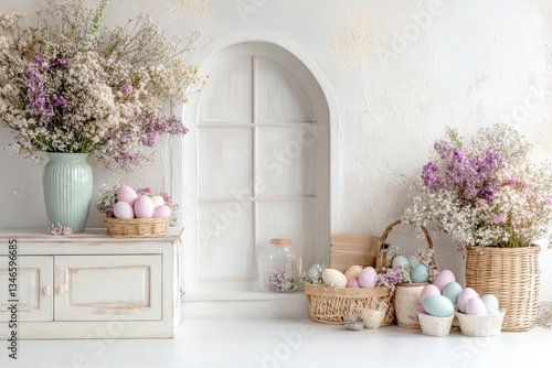 Obraz na płótnie legant Easter Floral Backdrop with Pastel Vases and Decorative Eggs in a Soft Spring Setting w salonie