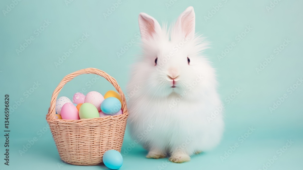 Fluffy White Easter Bunny with Basket of Colorful Eggs on Pastel Background.