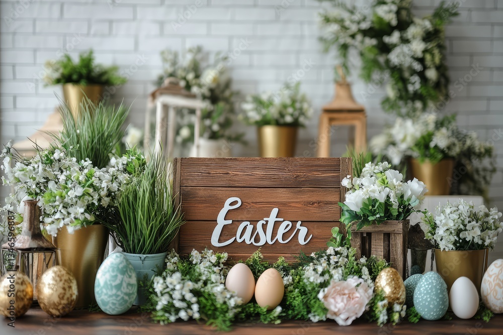Elegant Easter Decoration with Rustic Wooden Sign and Floral Arrangements.