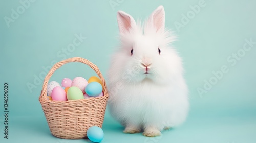 Obraz na płótnie Fluffy White Easter Bunny with Basket of Colorful Eggs on Pastel Background. w salonie