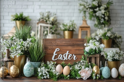 Obraz na płótnie Elegant Easter Decoration with Rustic Wooden Sign and Floral Arrangements. w salonie