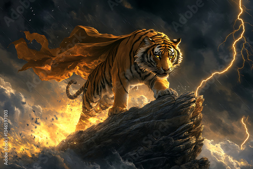 Majestic tiger in a dramatic storm, standing on a rocky outcrop with lightning striking in the background