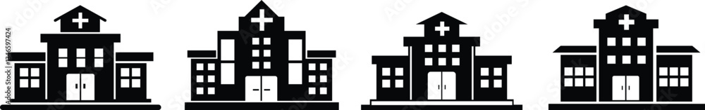 Hospital building icon set.Vector of medical clinic, polyclinic logo. Health care building exterior illustration.Clinic with medical pictogram. Symbol, logo illustration. Hospital building icon set.Vector of medical clinic, polyclinic logo. Health care building exterior illustration.Clinic with medical pictogram. Symbol, logo illustration.