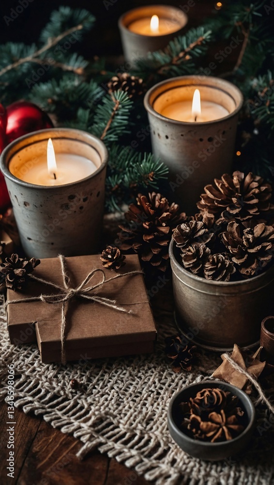 Cozy Christmas flat lay with rustic holiday elements Cozy Christmas flat lay with rustic holiday elements