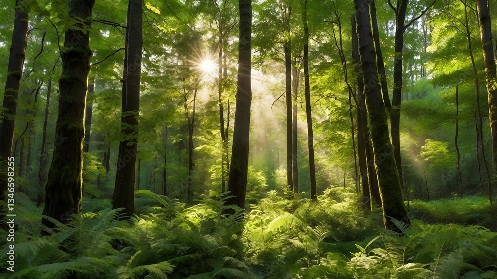 Fototapeta premium Serene Green Forest with Sunlight Filtering Through Trees