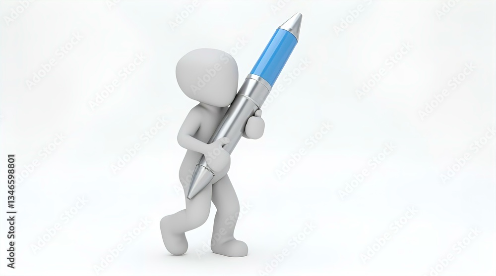 3D White Stick Figure Carrying Large Blue Pen Writing Idea Illustration 3D White Stick Figure Carrying Large Blue Pen Writing Idea Illustration