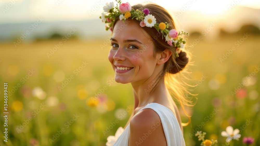 Obraz premium young woman in poppy field, beautiful young woman with wreath of wild flowers celebrating summer solstice