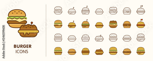 Burger line icon set. Collection of fast food illustration sign. Food symbol or logo design template. Vector illustration
