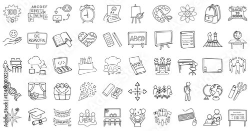 collection of educational icons including books, globe, and graduation cap