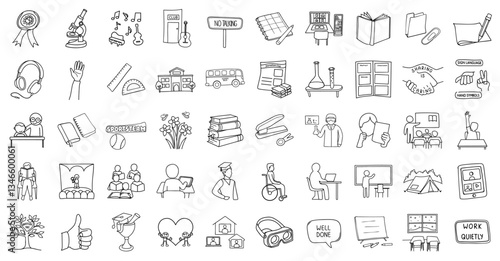 collection of educational themed line drawings including books, microscopes, and school supplies