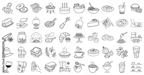 collection of various food and drink line icons, including desserts, beverages, and kitchen items