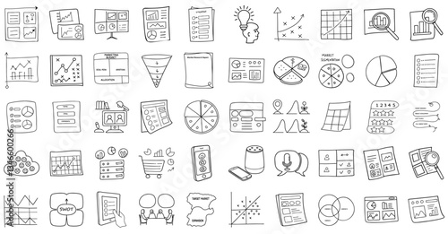 collection of hand drawn icons representing market research concepts, including graphs, charts, and analysis tools