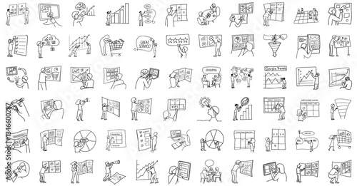 collection of hand drawn sketches depicting various market research activities and data analysis