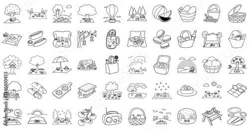 collection of picnic themed line drawings featuring baskets, food, and outdoor scenes