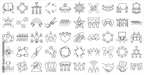 collection of hand drawn teamwork and collaboration icons, depicting various group activities and symbols of unity