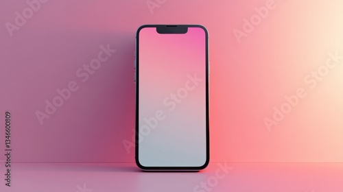 Modern smartphone device stands on pink backdrop with glowing screen