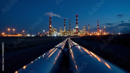 oil refinery at night, pipeline at night in industrial area