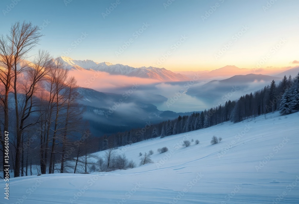 Serene Winter Landscape Majestic Mountains at Dawn, Soft Pink Hues on Snow-Covered Slopes, Misty Valley and Tranquil Lake Below Serene Winter Landscape Majestic Mountains at Dawn, Soft Pink Hues on Snow-Covered Slopes, Misty Valley and Tranquil Lake Below