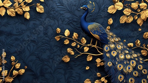 Peacock on gold branches, navy background, decorative design, wallpaper/poster image