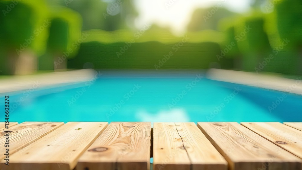 Wooden table top with blurred empty swimming pool background
Wooden table top with blurred empty swimming pool background