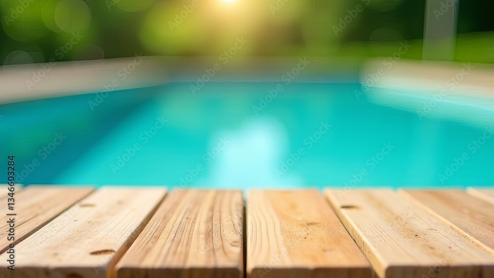 Wooden table top with blurred empty swimming pool background
Wooden table top with blurred empty swimming pool background